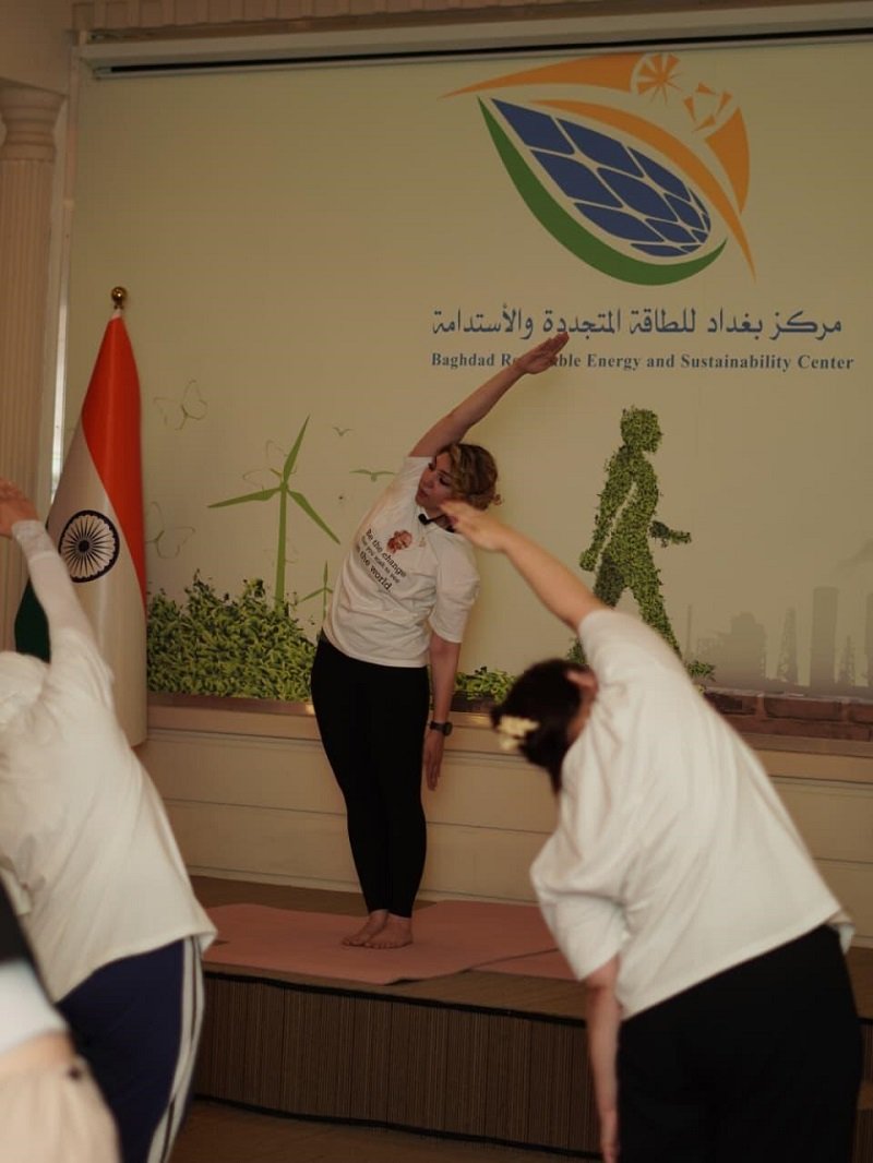Yoga for Inner Harmony, Sustainability for a Better Planet. As part of the lead-up to the 12th International Day of Yoga 2026, the Embassy of India in Baghdad organized a promotional event on 3 June 2026 at the Renewable Energy and Sustainability Center, Baghdad. The yoga session was led by Embassy instructor Ms. Noor Younis. The event brought together two powerful pathways toward a common goal—a better world. While yoga nurtures inner well-being, renewable energy and sustainable practices help protect our planet for future generations. Ambassador Soumen Bagchi and Mr. Mohammad Shakir Al-Dulaimi, CEO of the Center, joined participants after the yoga session. As a global pioneer in solar and renewable energy, Ambassador conveyed India’s willingness to collaborate with the Center in advancing its sustainability goals. Inspired by this year's theme, “Yoga for Wellness, Wisdom and World Peace,” the event highlighted a simple yet powerful message: a sustainable future begins with balanced minds, responsible actions, and collective commitment. Join us for the grand celebration of International Day of Yoga 2026 on 20 June 2026 in Baghdad.