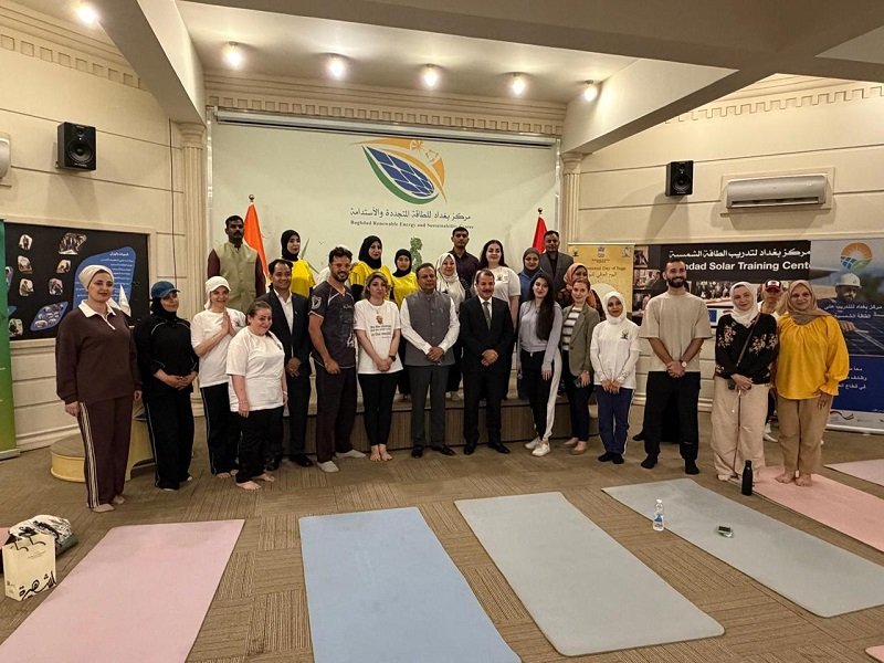 Yoga for Inner Harmony, Sustainability for a Better Planet. As part of the lead-up to the 12th International Day of Yoga 2026, the Embassy of India in Baghdad organized a promotional event on 3 June 2026 at the Renewable Energy and Sustainability Center, Baghdad. The yoga session was led by Embassy instructor Ms. Noor Younis. The event brought together two powerful pathways toward a common goal—a better world. While yoga nurtures inner well-being, renewable energy and sustainable practices help protect our planet for future generations. Ambassador Soumen Bagchi and Mr. Mohammad Shakir Al-Dulaimi, CEO of the Center, joined participants after the yoga session. As a global pioneer in solar and renewable energy, Ambassador conveyed India’s willingness to collaborate with the Center in advancing its sustainability goals. Inspired by this year's theme, “Yoga for Wellness, Wisdom and World Peace,” the event highlighted a simple yet powerful message: a sustainable future begins with balanced minds, responsible actions, and collective commitment. Join us for the grand celebration of International Day of Yoga 2026 on 20 June 2026 in Baghdad.