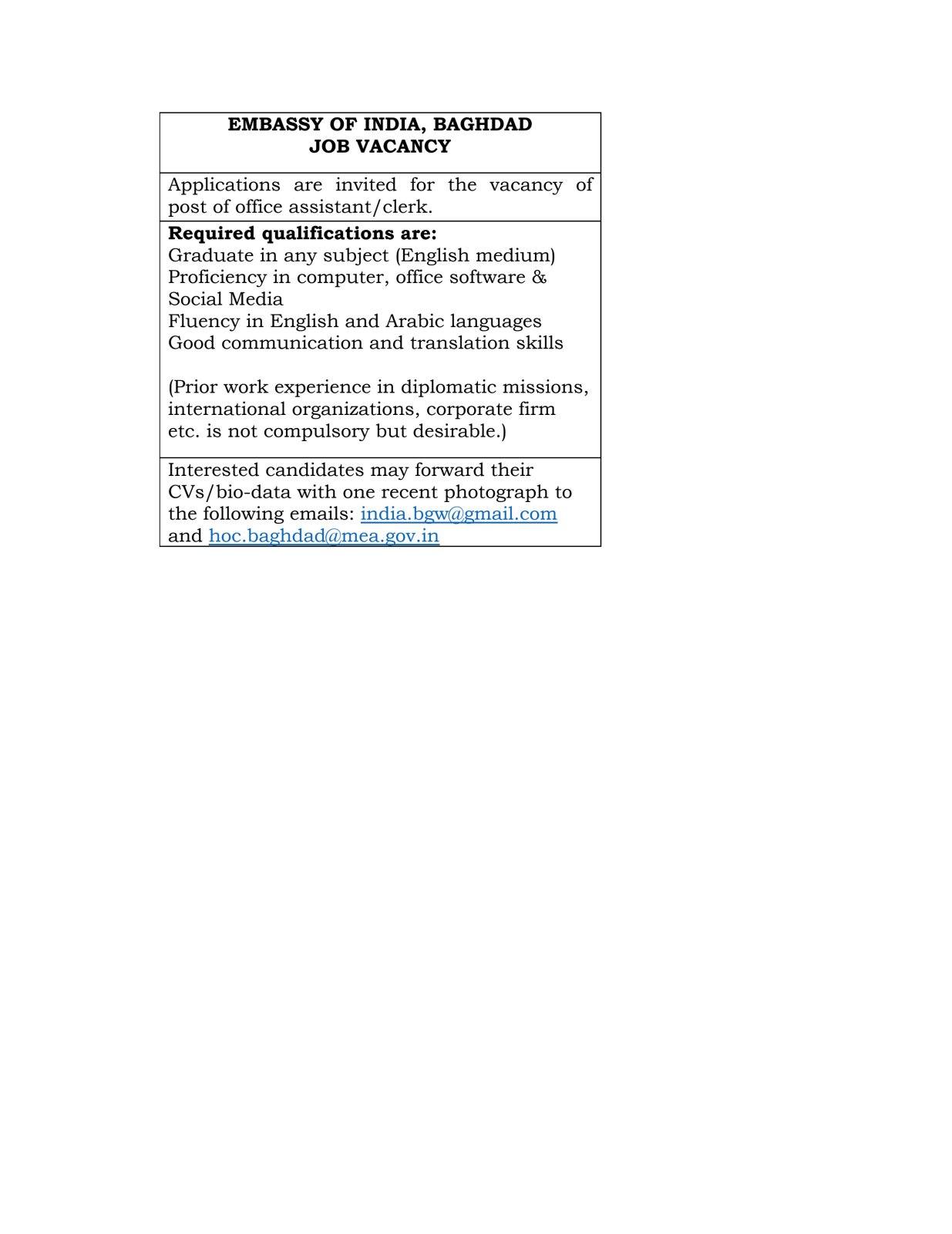 The Embassy of India, Baghdad is inviting applications from Iraqi residents for the post of office assistant/clerk