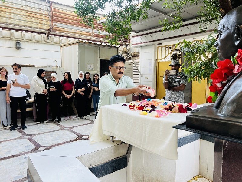 On Mahatma Gandhi’s Birth Anniversary, Ambassador Soumen Bagchi, embassy officials and Iraqi yoga enthusiasts paid floral tribute at the bust of the Mahatma installed in the chancery premises.