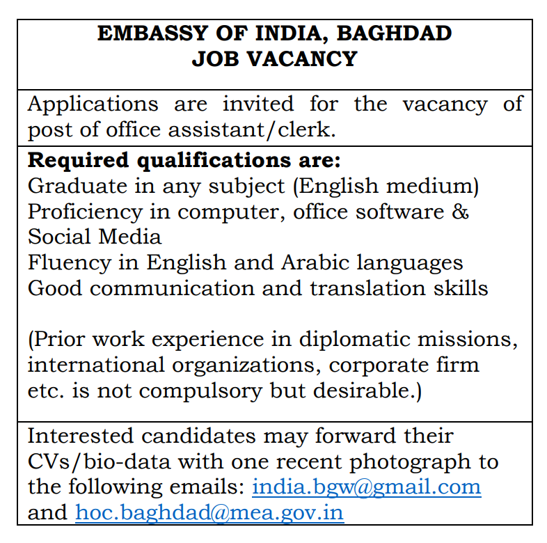 The Embassy of India, Baghdad is inviting applications from Iraqi residents for the post of office assistant/clerk