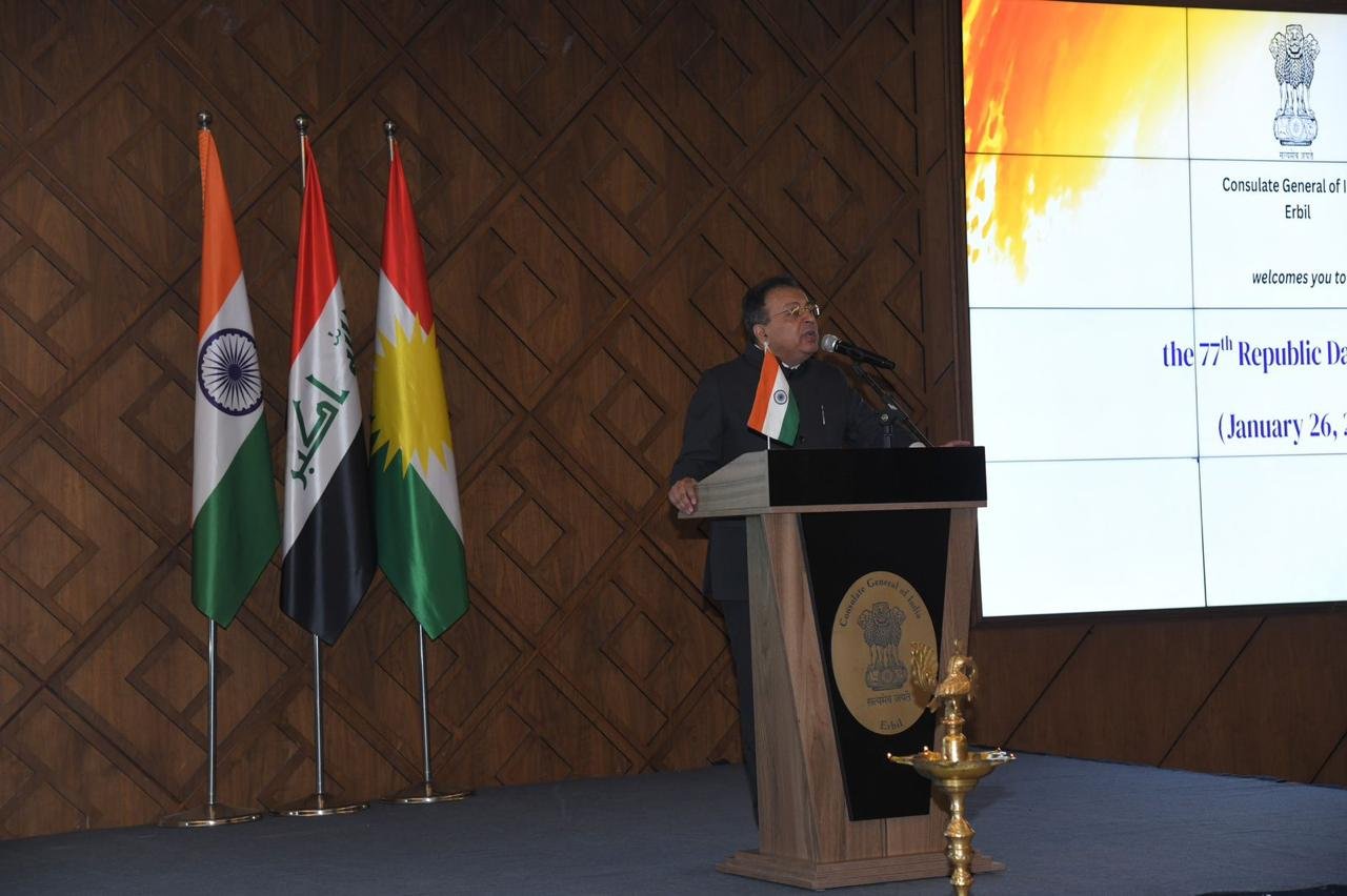 The Consulate General of India in Erbil hosted a reception on the 77th Republic Day of India which was attended by Ambassador of India to Iraq Mr. Soumen Bagchi, Minister of Interior Mr. Rebar Ahmed Khalid, President of the Diwan of the Presidency of Kurdistan Region of Iraq Mr. Fawzi Hariri, distinguished diplomats and other dignitaries.