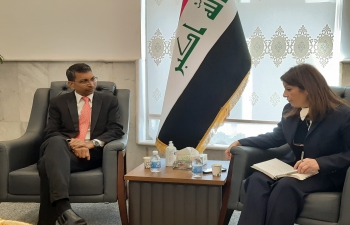 Ambassador Prashant Pise today met Mrs. Suha Dawood Elias Al-Najjar, Head of the National Investment Commission in Baghdad today i.e. 13/12/2021.  Both sides deliberated on the ways to attract Indian investment in Iraq and the regulatory mechanism governing investment policy. 