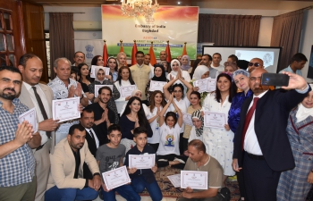 The Embassy of India, Baghdad celebrated Convocation Ceremony for successful participation in Indian yoga classes on 22nd September 2022 conducted by the Embassy of India, Baghdad. Yoga classes commenced in Embassy premises from August 2022.