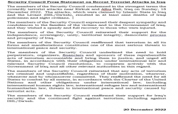 UNSC press statement dated 20 December 2022 on recent terrorist attacks in Iraq. 