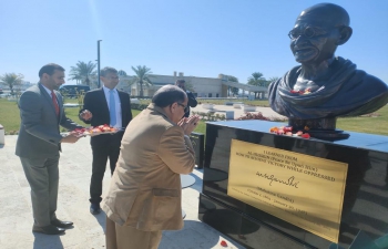 Dr. Ausaf Sayeed, Secretary (CPV & OIA) started his visit to Republic of Iraq by paying floral tribute at Mahatma Gandhi's Bust installed at American University of Iraq-Baghdad (AUIB)