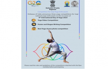 Embassy of India announces three yoga competitions for Iraqi national yoga enthusiasts on the occasion of 9th International Day of Yoga-2023.