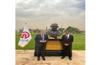 Ambassador Prashant Pise paid floral tribute to Gandhi statue at AUIB. President of AUIB, Dr. Michael Mulnix received the Books offered by Ambassador to 'Indian Corner' at AUIB library. An exhibition on Mahatma Gandhi was also organized on 'Gandhi Jayanti'.