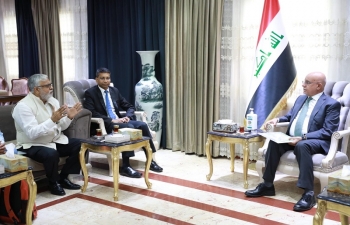 Ambassador Prashant Pise accompanied by Shri Satish Mehta (BMVSS Executive President) met H.E. Dr. Saleh Al-Hasnawi, Minister of Health of Iraq on 12/10/2023 to discuss future course of action on Jaipur Foot Camp currently being held at Baghdad International Fair Ground.