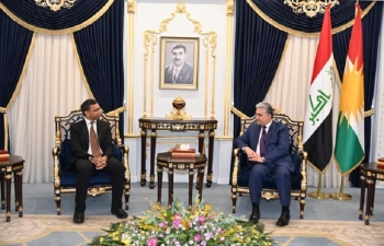 Indian Ambassador Prashant Pise accompanied by Consul General Madan Gopal called on H.E. Mr. Rebar Ahmed Khalid, Minister of Interior of the Kurdistan Regional Government in Erbil on 23 November 2023.